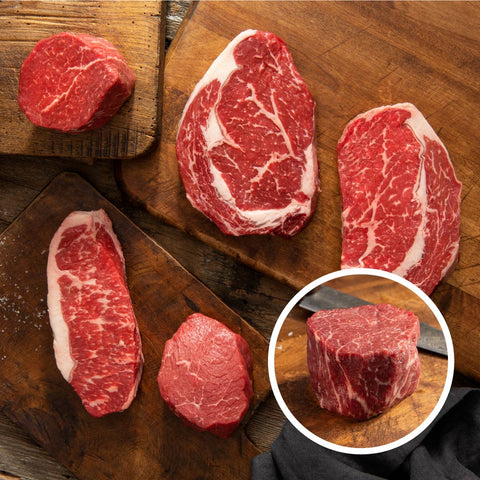 Семеен сет със стекове от Bioangus Family Collections с ribeye, filet mignon, striploin, рибай, бонфиле и стриплойн стек