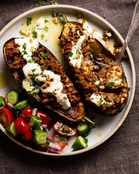 An easy dish of stuffed eggplant with ground beef